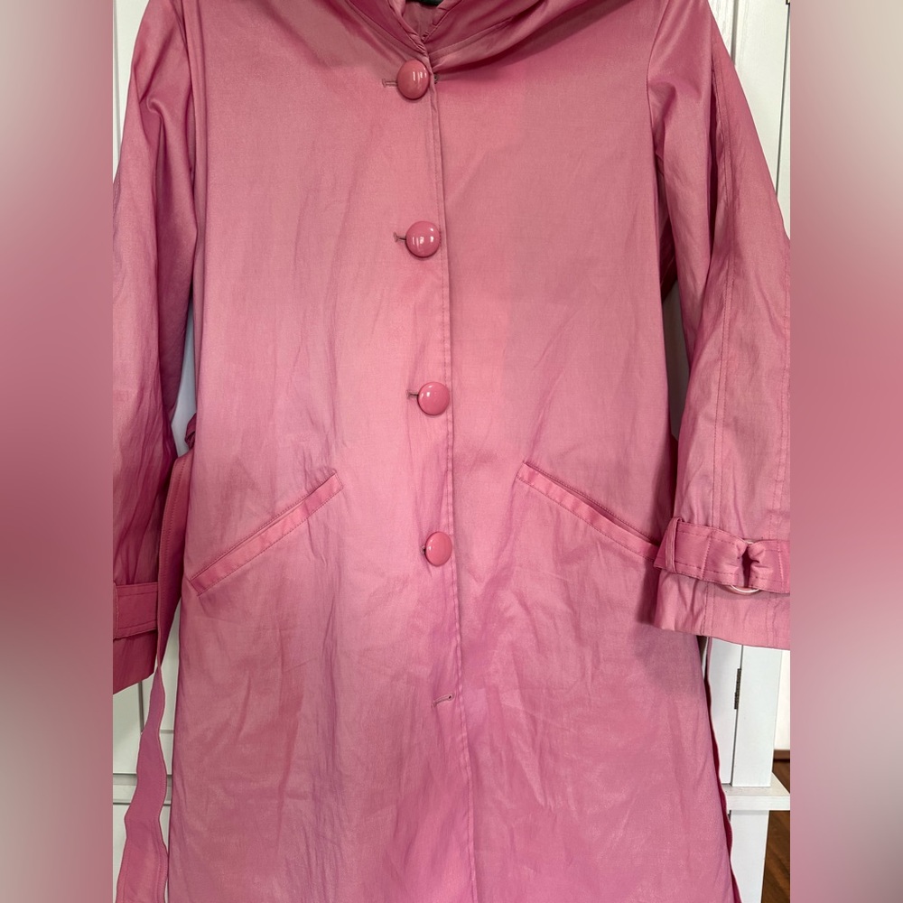 Samuel Dong Pink Hooded Belted Trench Coat L Statement Designer Artsy Coquette - Picture 3 of 10